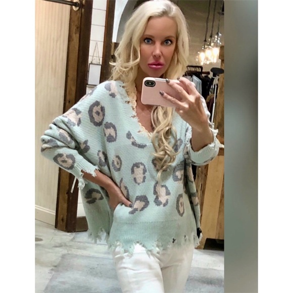Miracle Sweaters - NEW! Miracle Super Soft and Cozy Sage and Pink Leopard Distressed Sweater!